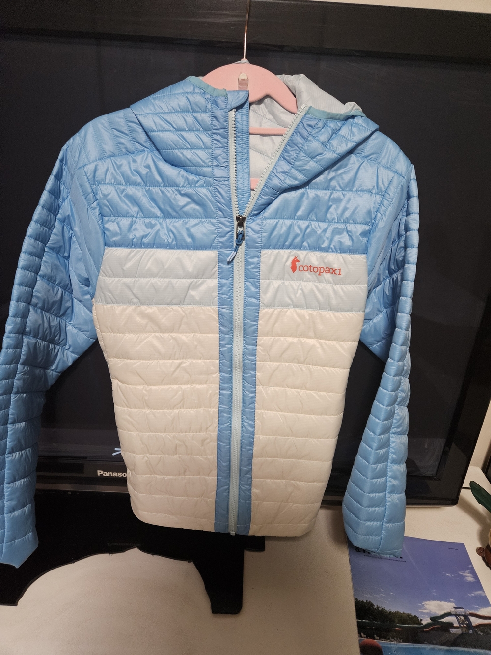 Cotopaxi Light Blue and White Quilted Hooded Jacket